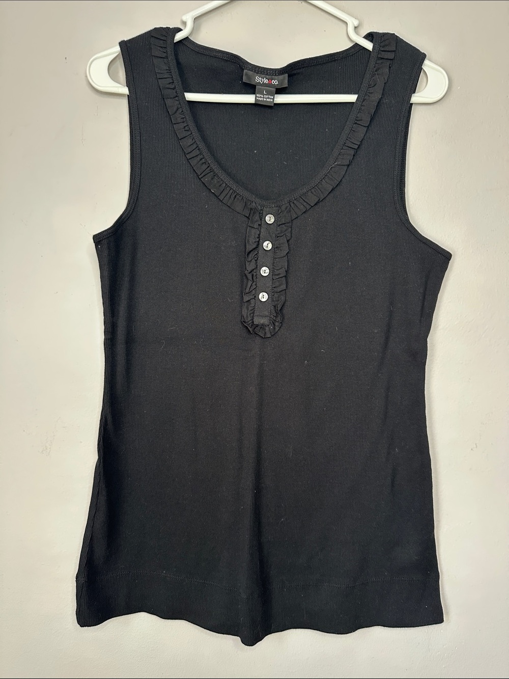 Style & Co. Black Ruffle-Trim Sleeveless Cotton Tank Top